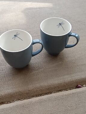 Set of 2 Blue Ceramic Mugs with Dragonfly Accent